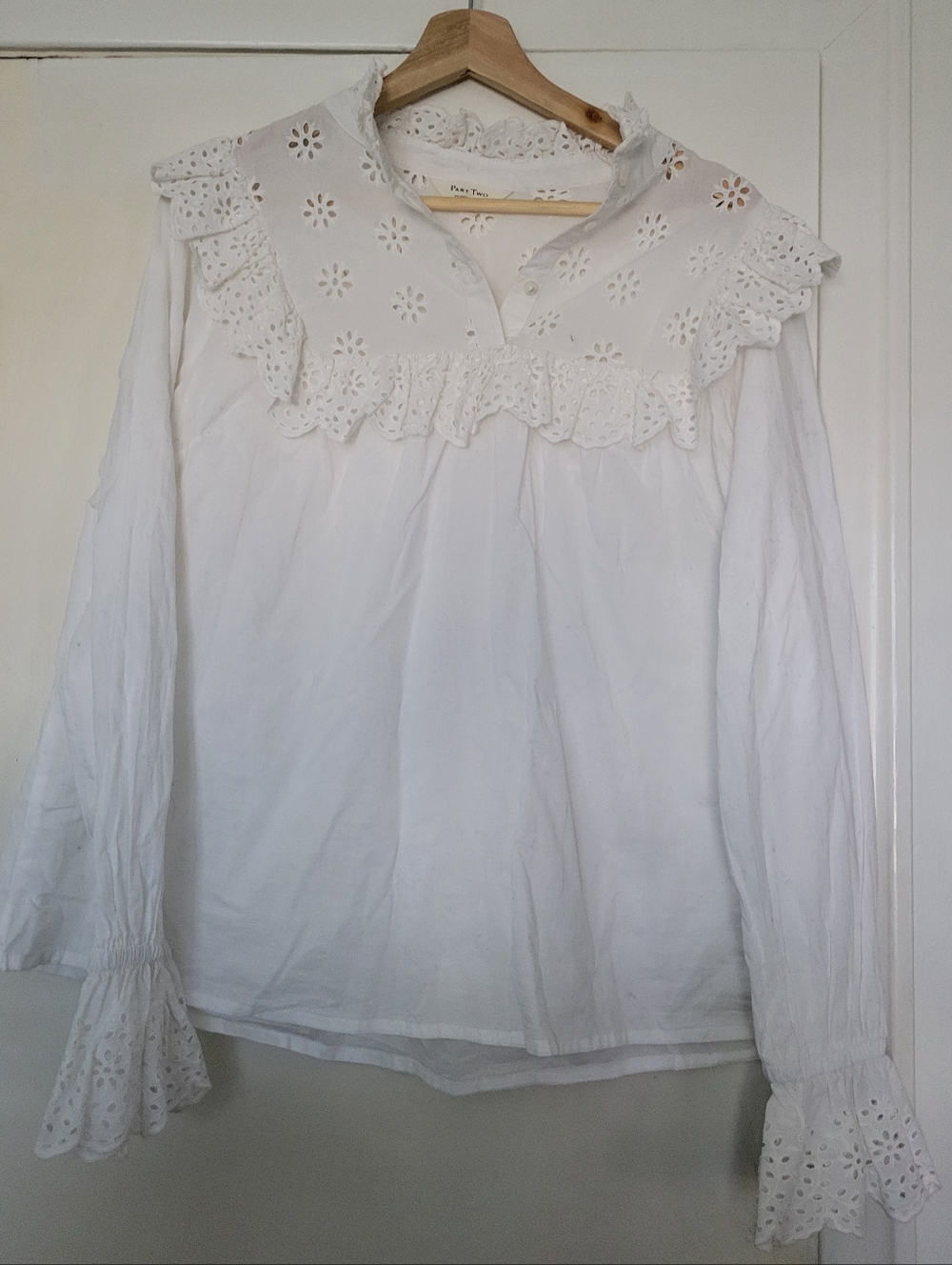 White Eyelet Ruffle Cotton Blouse - Feminine Long Sleeve